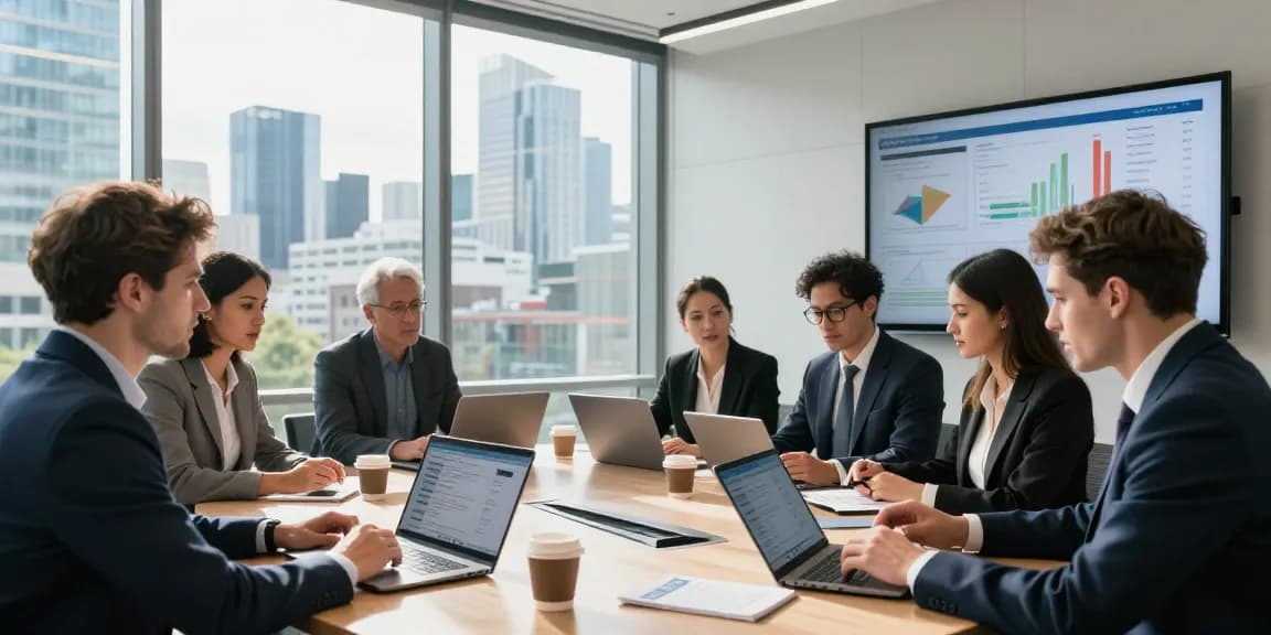 Team discussing business mobile contracts UK in a modern conference room with analytics displayed.