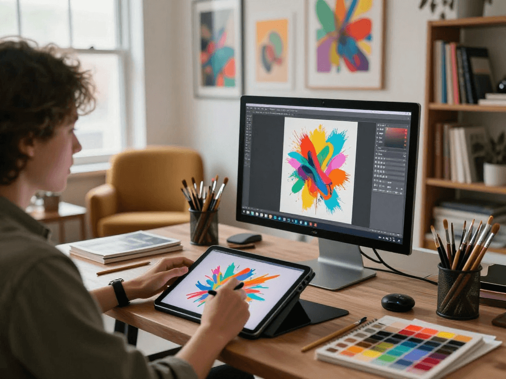 Vibrant digital art studio showcasing NSFW AI creativity with artist at work