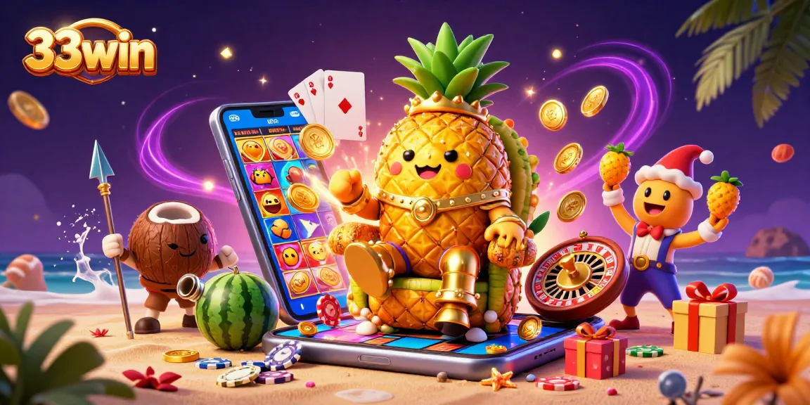 Spin and win big with 33win in this vibrant beach casino scene featuring a pineapple king.