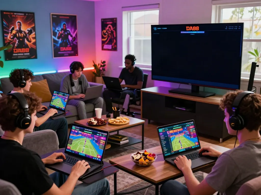 Gamers engaging with DA88's online platform in an inviting and vibrant lounge.
