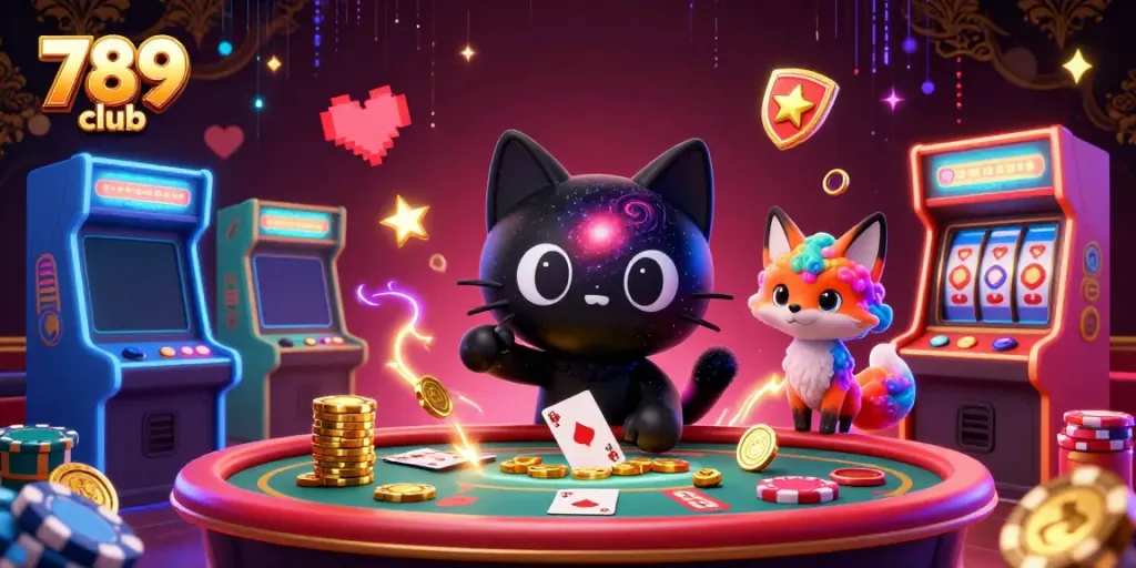 Experience the thrilling excitement of 789 club with colorful gaming elements and 3D characters in a cosmic casino.