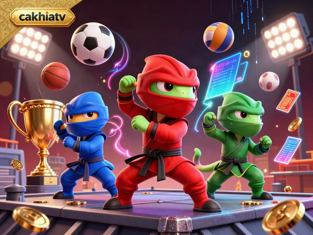 Watch cakhiatv's ninja chameleons in martial arts action while sports elements fly around, creating an engaging atmosphere.