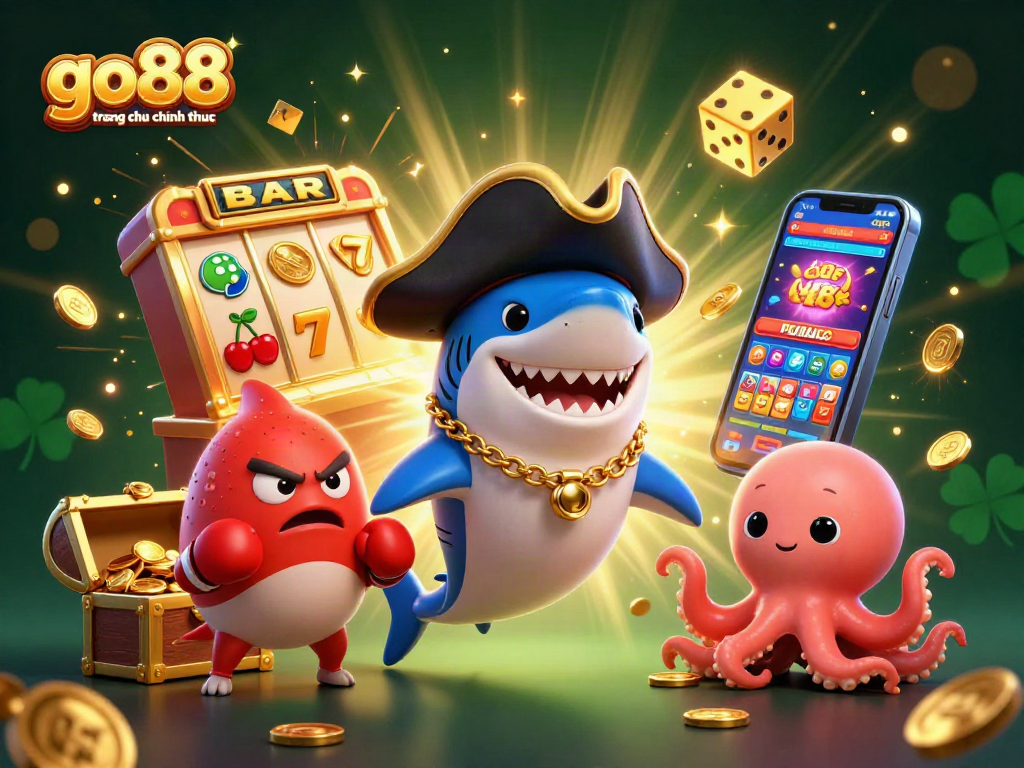 Engage with go88 trang chu chinh thuc, featuring a pirate shark and friends amidst a jackpot frenzy.