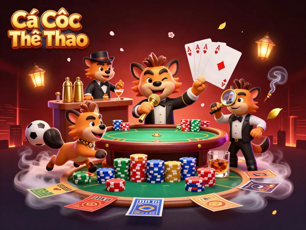 Experience the excitement of Cá Cược Thể Thao with cartoon hyenas enjoying sports betting in a vibrant casino.