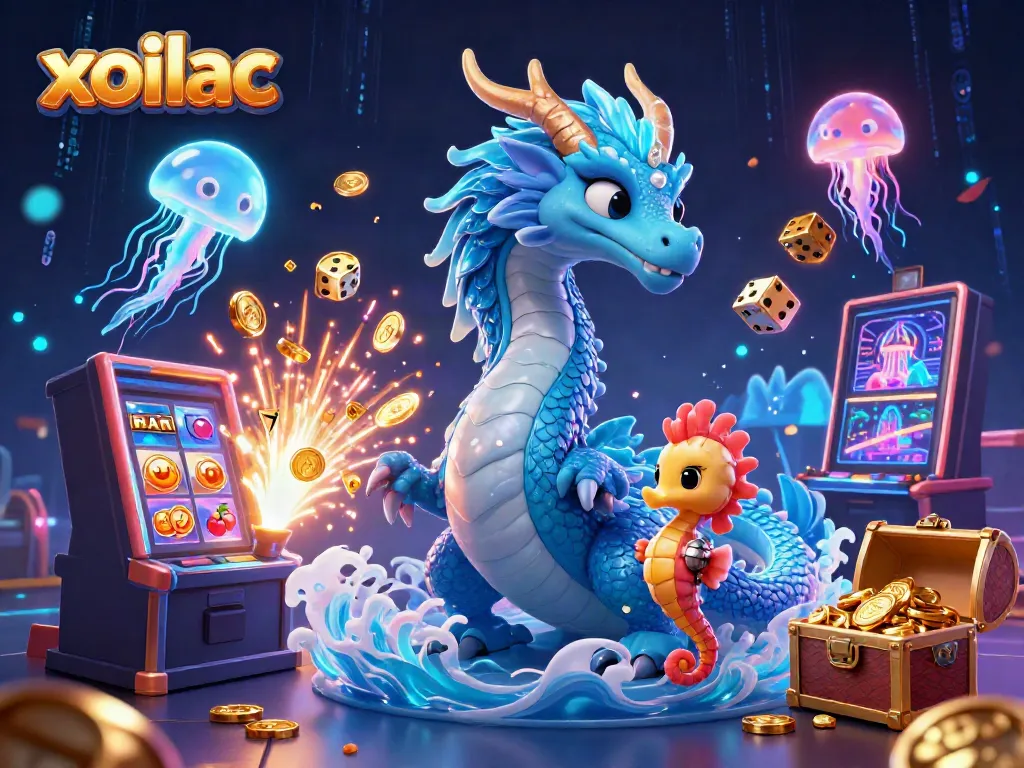 Xoilac enhances your gaming experience with captivating characters and dynamic casino elements, featuring a vibrant dragon and seahorse knight.