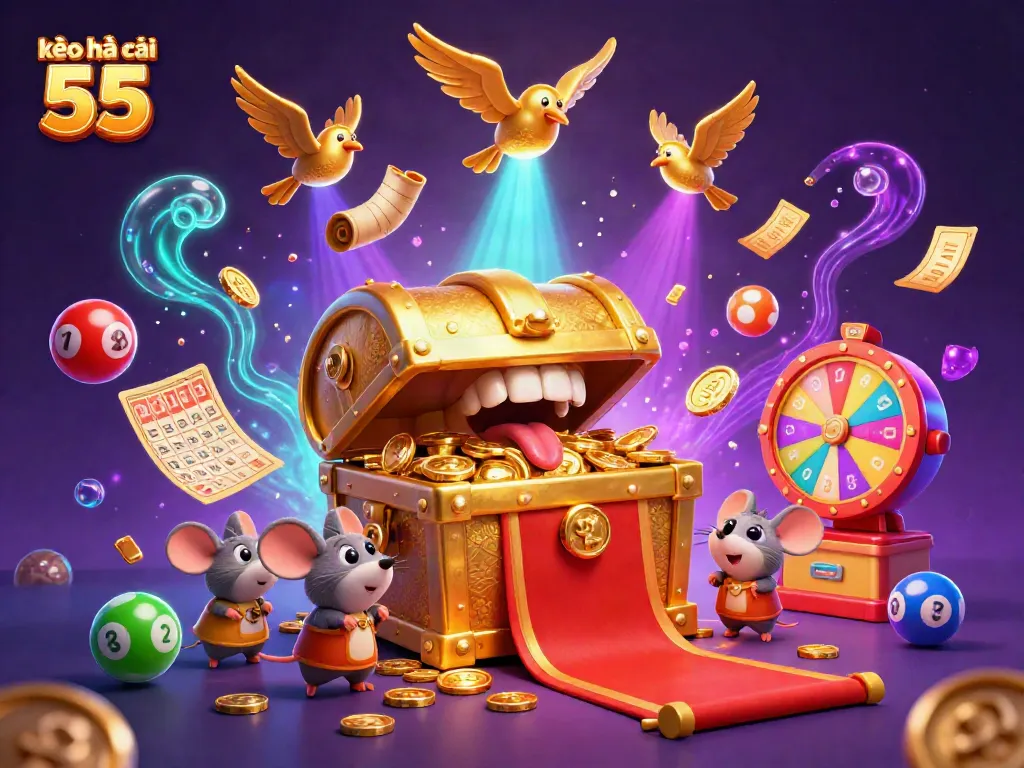 Engaging kèo nhà cái 55 scene with treasure and vibrant lottery elements attracting adventurous players.