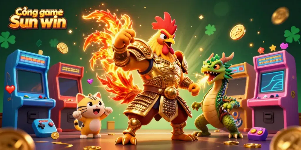 The dynamic scene of Cổng game Sun win showcasing a powerful rooster warrior and dragon hatchling surrounded by arcade games and sparkling gold.
