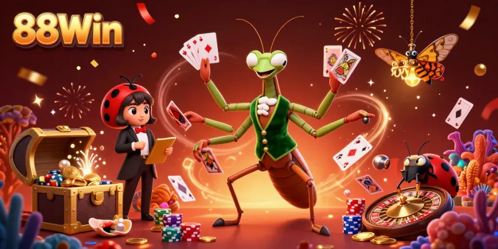 Experience the excitement of 88Win with a dynamic casino scene featuring a 3D mantis card sharp and ladybug pit boss.