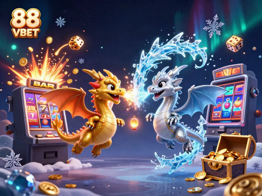 Experience thrilling gameplay with 88 VBET as two majestic dragons embody fortune and excitement in a vibrant casino scene.