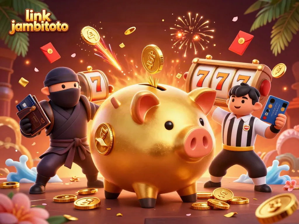 Experience the excitement of link jambitoto with piggy banks and lively slot reels illustrating a vibrant casino scene.