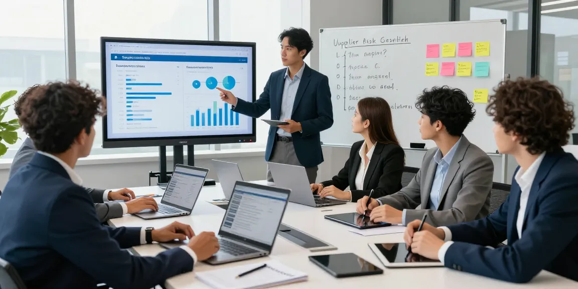 Collaborative team focusing on supplier assessments in a modern office.