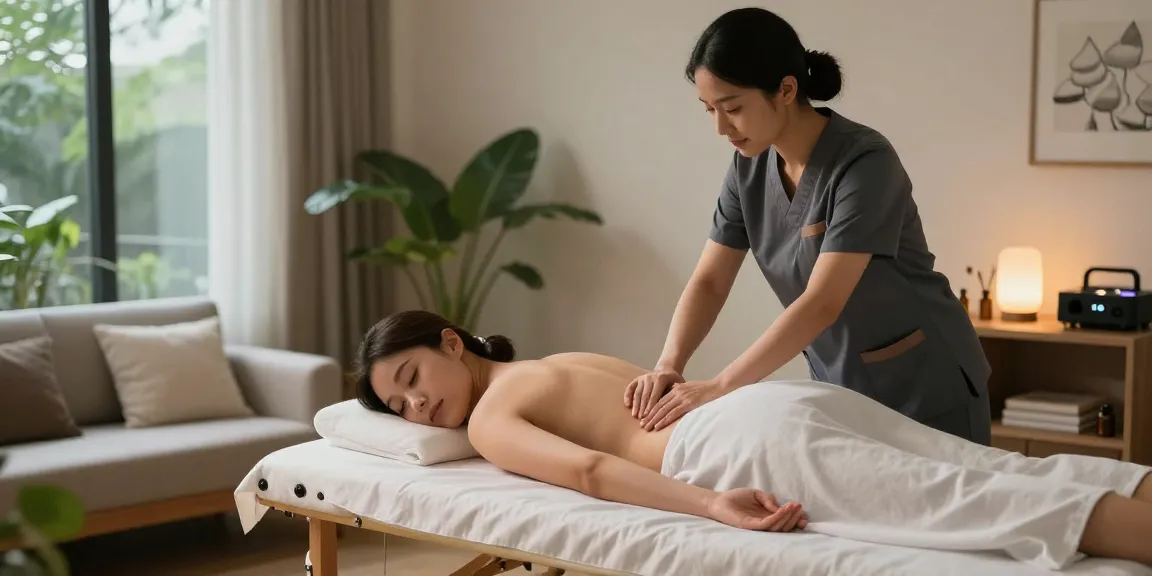 Professional 출장안마 in a serene living room, showcasing a therapist's techniques and a peaceful atmosphere.