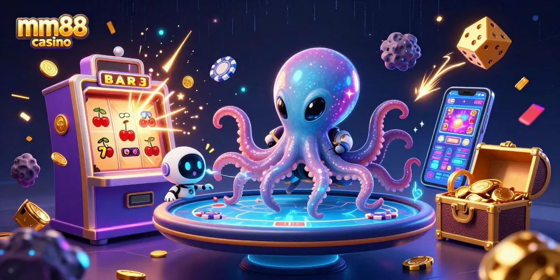 Experience thrilling gameplay at mm88 casino with a vibrant alien octopus and holographic poker table!