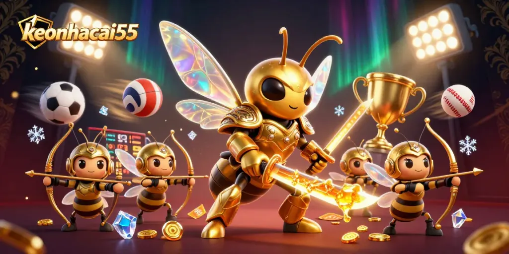 Bet on dynamic sports action with keonhacai55, featuring vibrant 3D illustration of a golden hornet samurai.
