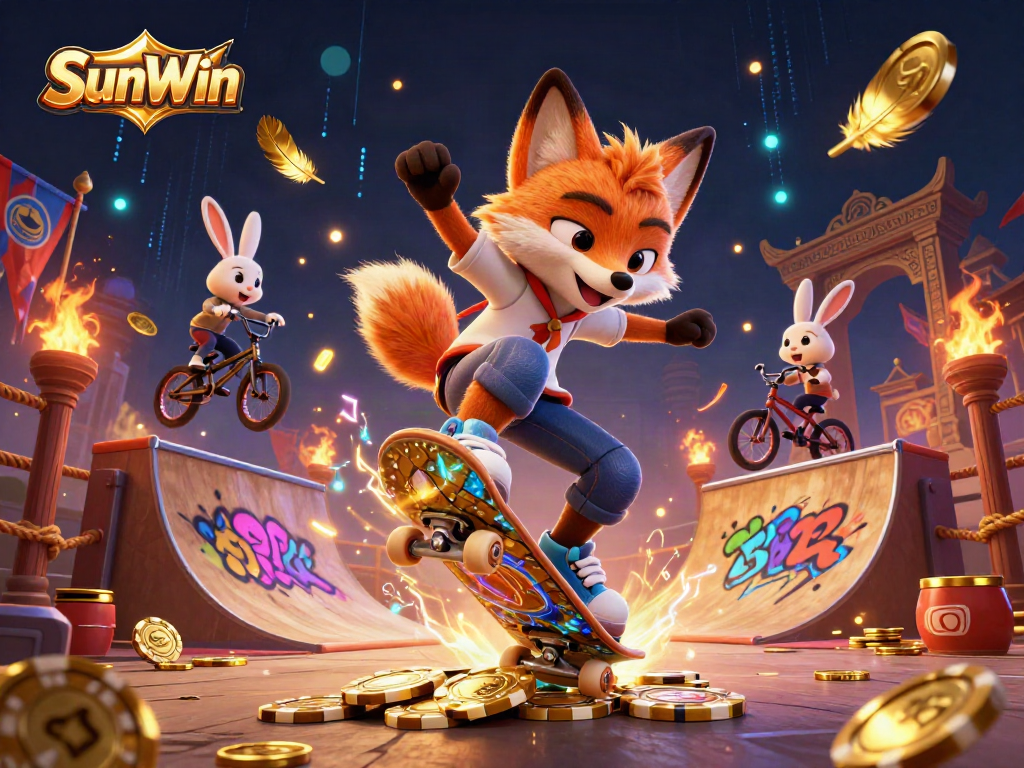 Experience action with SunWin as a fox skater performs tricks over golden poker chips in a vibrant casino.