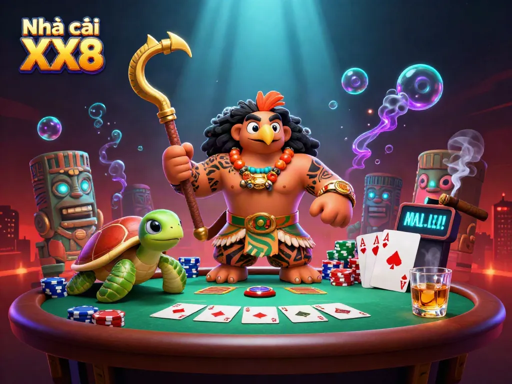 Experience the excitement of Nhà cái XX8 through a vibrant 3D casino scene featuring captivating characters and dynamic gameplay.