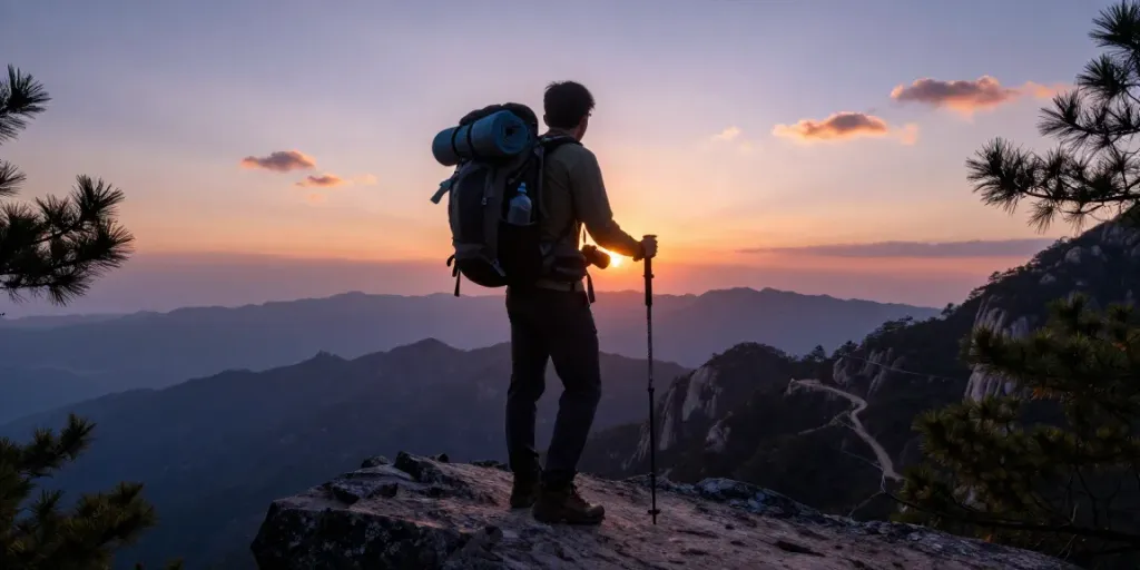 Viajero en el Circuito Manaslu durante el atardecer, mirando un valle con montañas distantes.