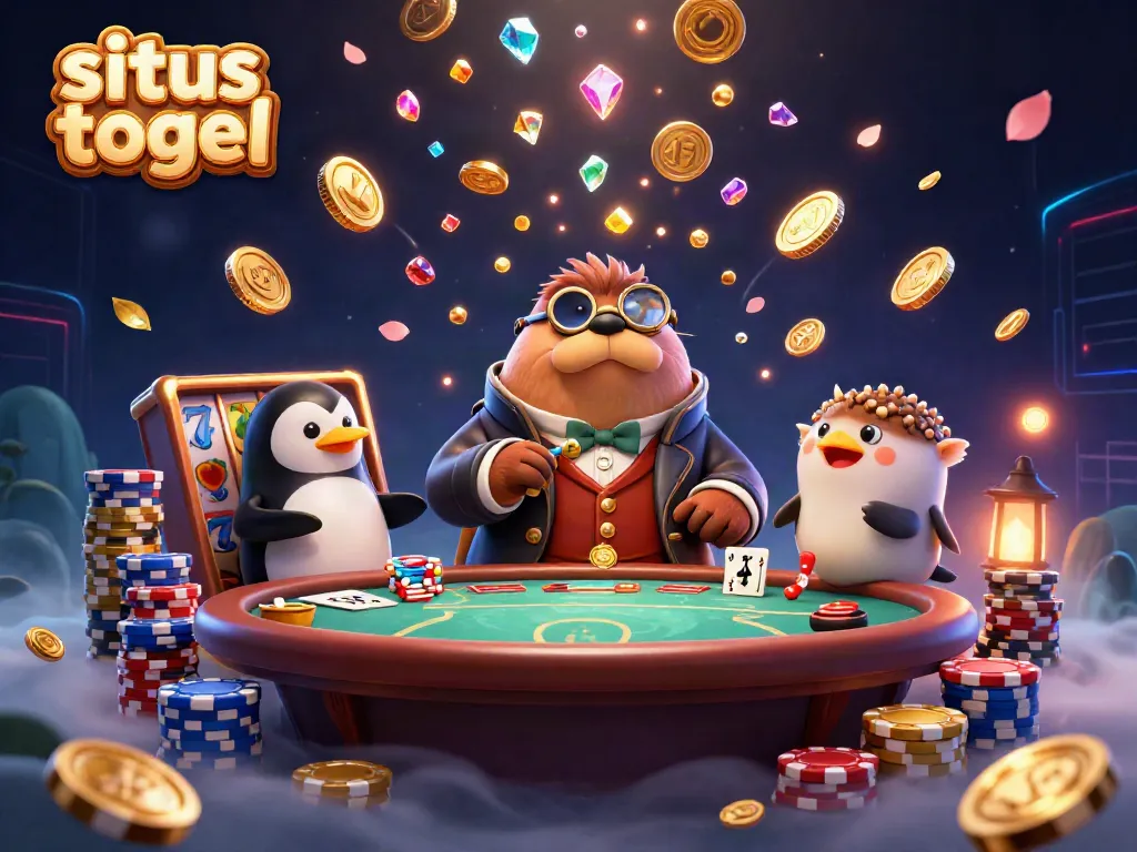 Experience situs togel excitement with a jolly walrus and friends at a vibrant underwater poker table.