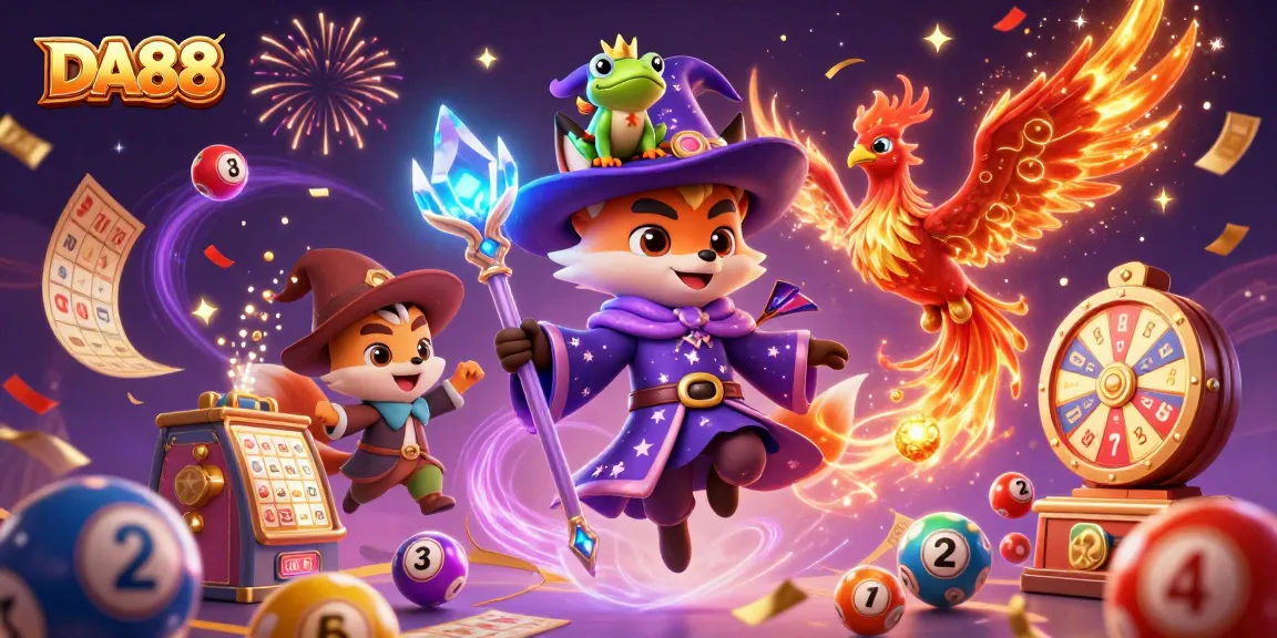 Experience the thrill of DA88 with a dynamic scene featuring magical elements and gaming excitement.