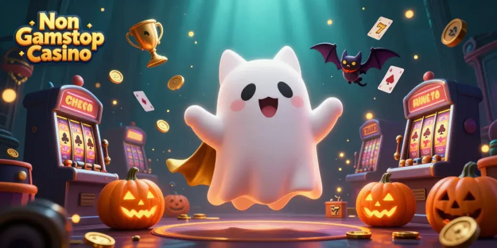 Engage with the lively Non Gamstop Casino scene featuring a ghost cat and bat amidst festive jack-o-lanterns.