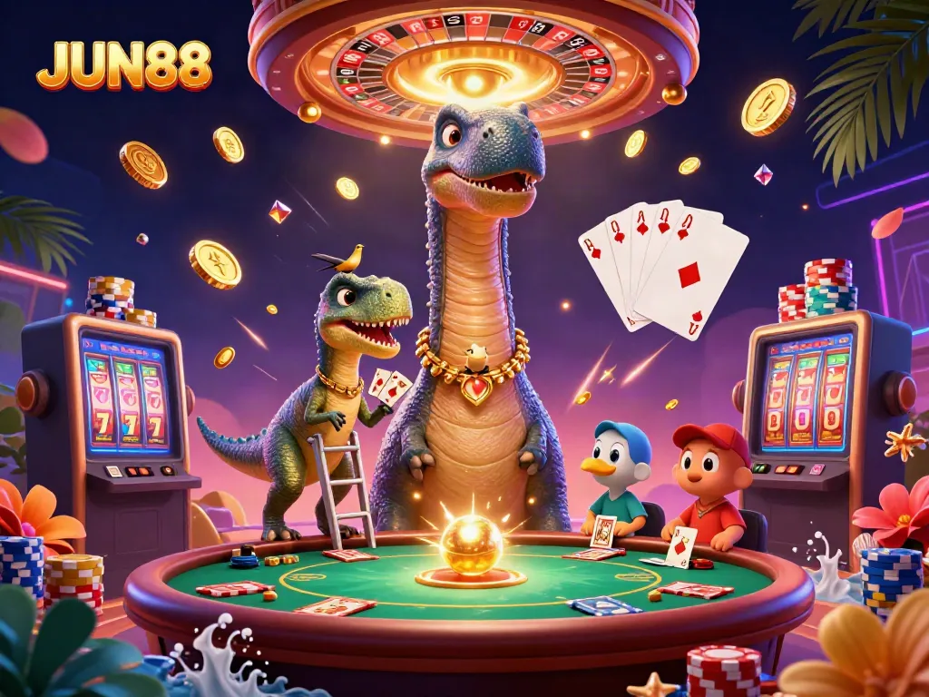 Experience JUN88's thrilling casino adventures with a playful brontosaurus and clever raptor in action.