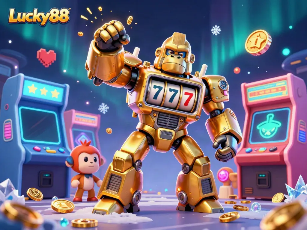 Experience the vibrant action at Lucky88 with a golden gorilla mech and colorful casino elements.