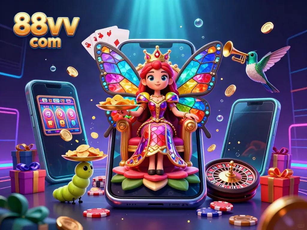 Experience vibrant gaming action with 88vv com's animated casino scene filled with colorful slot games and playful characters.