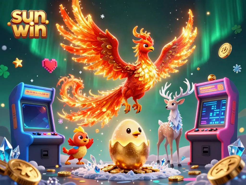 Experience the thrill of sun win gaming with a phoenix, baby chick, and mystical stag in a vibrant casino world.