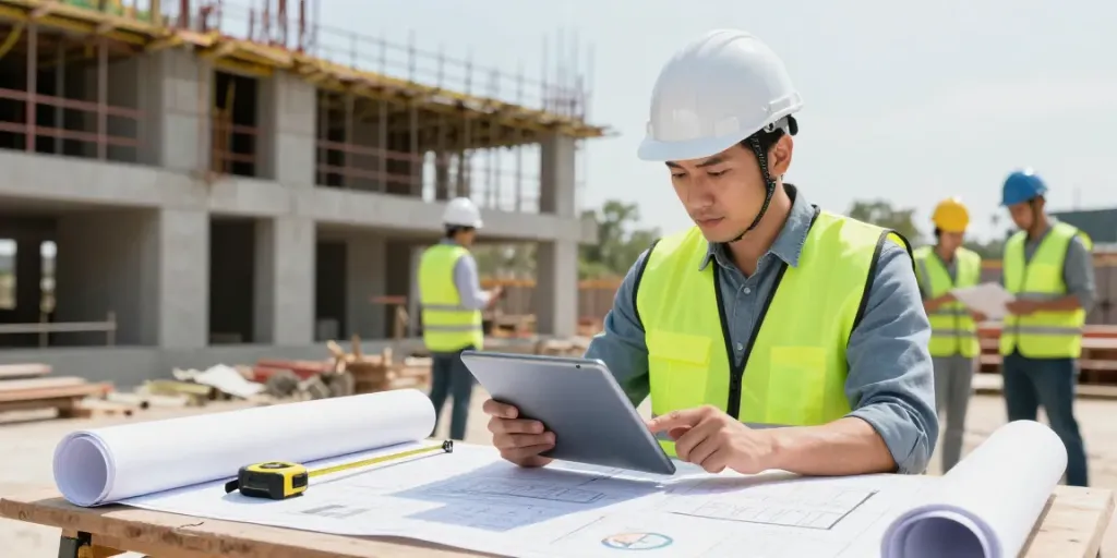 Quantity surveyor using a tablet as a construction cost estimator at a construction site.