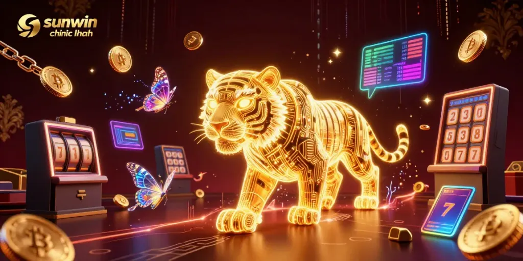 Experience thrilling action at sunwin chính hãng with vibrant slots and golden tiger in a neon casino scene.