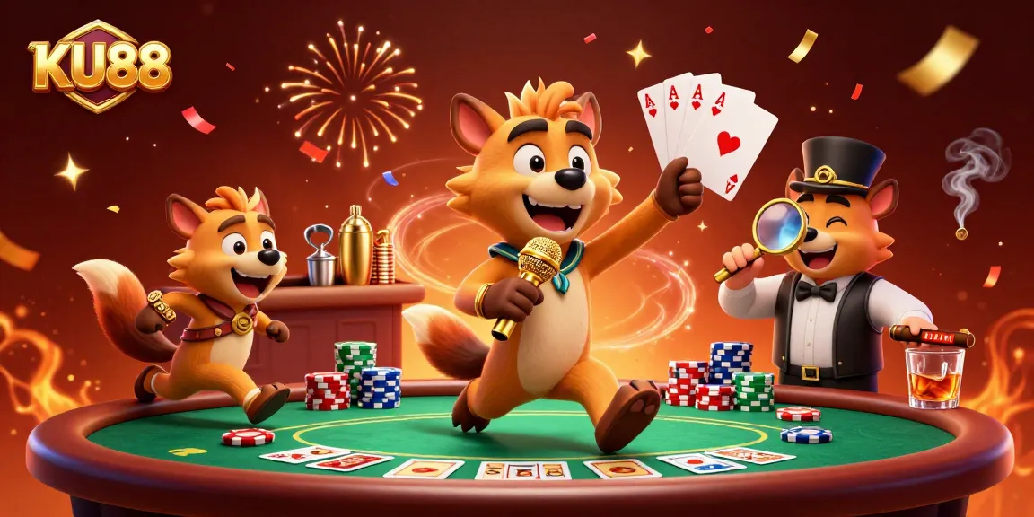 Entertain with KU88's vibrant casino scene featuring hyena characters delighting guests.