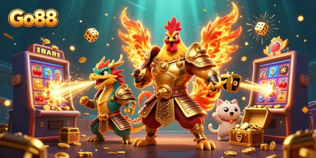 Experience the excitement of Go88 with vibrant characters and dynamic casino elements showcased in a colorful scene.