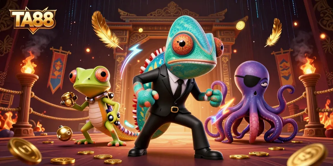 Experience the thrill of TA88 gaming with a dynamic 3D casino illustration featuring vibrant characters and elements.