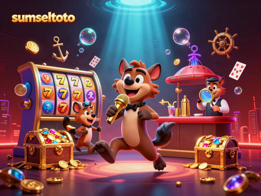 sumseltoto comedy casino scene with hyenas, featuring stand-up, bar, and security roles