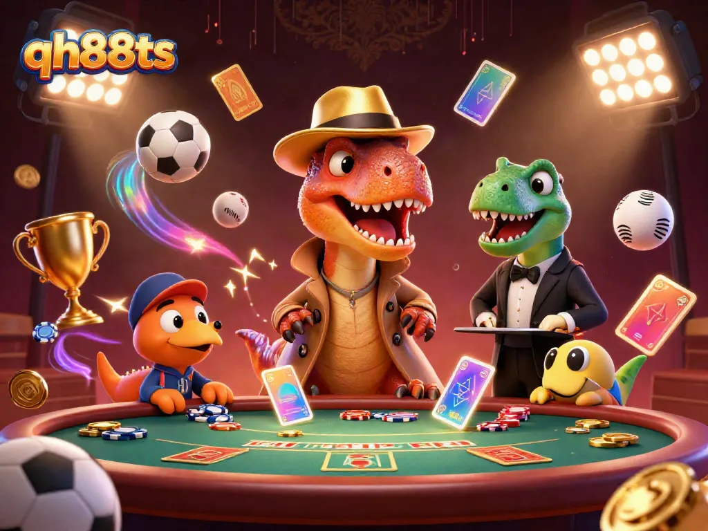 Experience thrilling gameplay at qh88ts with a playful velociraptor card counter among sports elements.