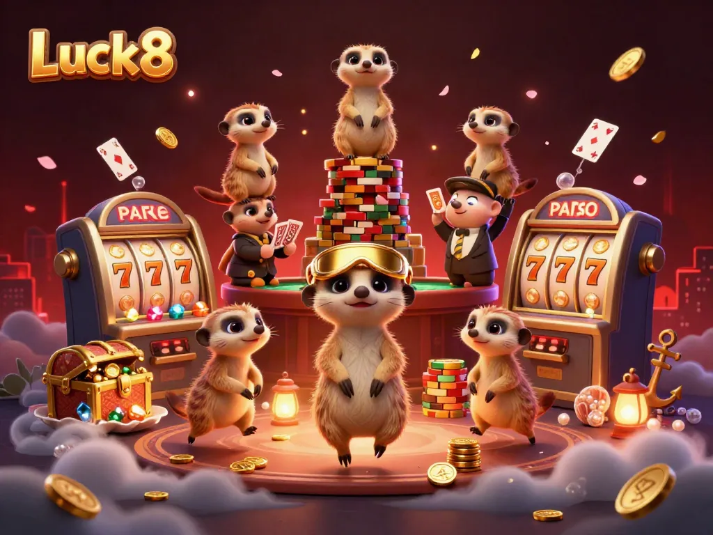 Experience the vibrant online casino atmosphere with Luck8's animated meerkats and golden treasures.