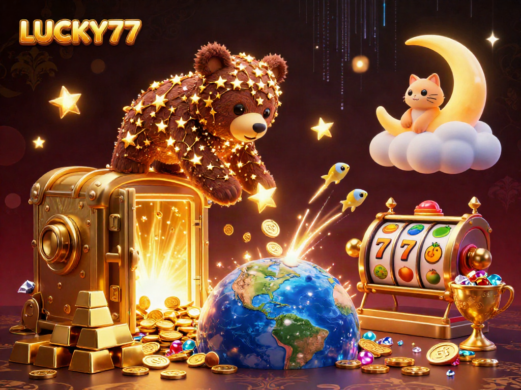 Experience the excitement with LUCKY77 slot reels, lucky symbols, and a fantastical casino scene.