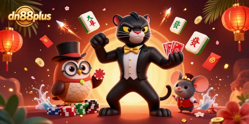 Experience thrilling games at dn88plus with animated characters dealing cards and chips.