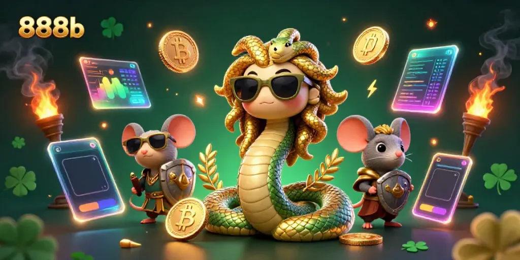 Engage in fun with 888b's vibrant illustration featuring a friendly Medusa and warrior mouse among digital assets.