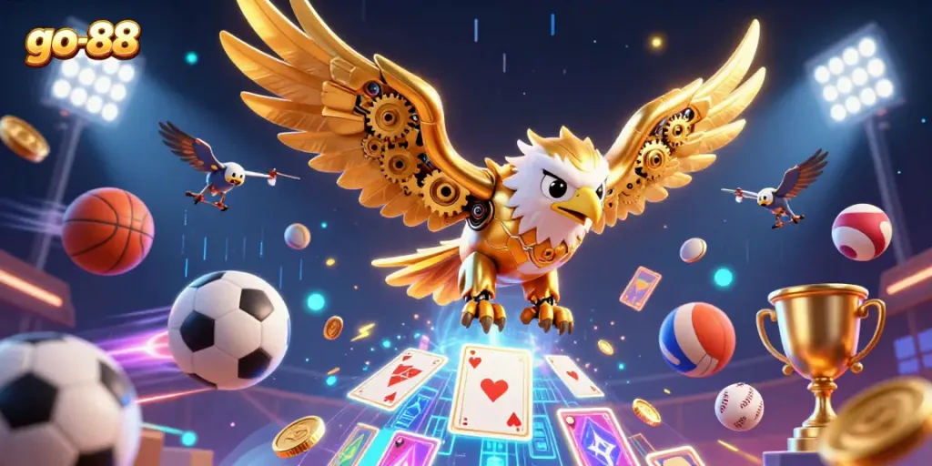 Experience the thrill of go-88 gaming with dynamic interactive elements, golden eagle, and vibrant sports motifs.