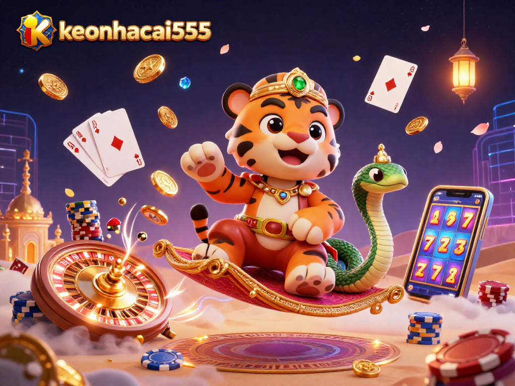 Experience the magic of keonhacai555 through a vibrant 3D illustration of a tiger sultan amid casino elements.