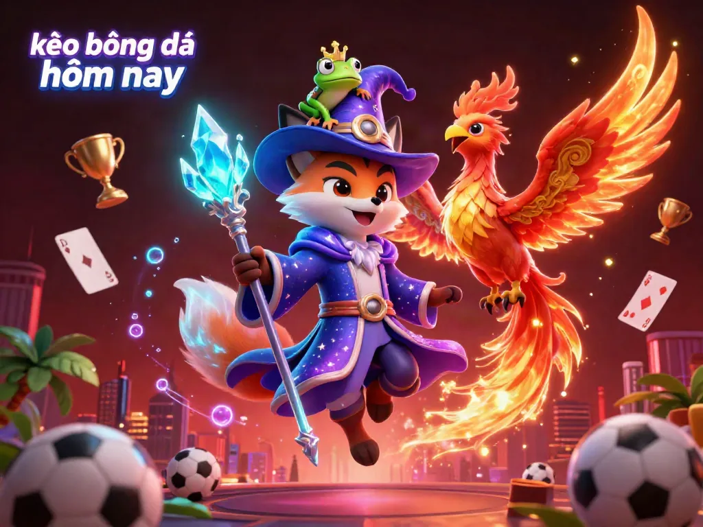 Engage with kèo bóng đá hôm nay through dynamic sports betting scenes featuring a mystical wizard fox and phoenix.