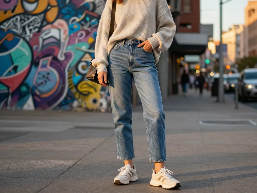Stylish person showcasing basics in urban fashion, relaxed city atmosphere.