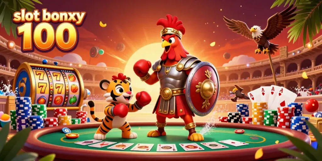 Experience thrilling plays with slot bonus 100 in this vibrant casino-inspired 3D scene featuring dynamic characters.