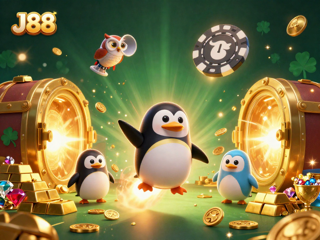 Experience the thrill of J88 as a golden penguin blasts toward a casino space station, exuding excitement.