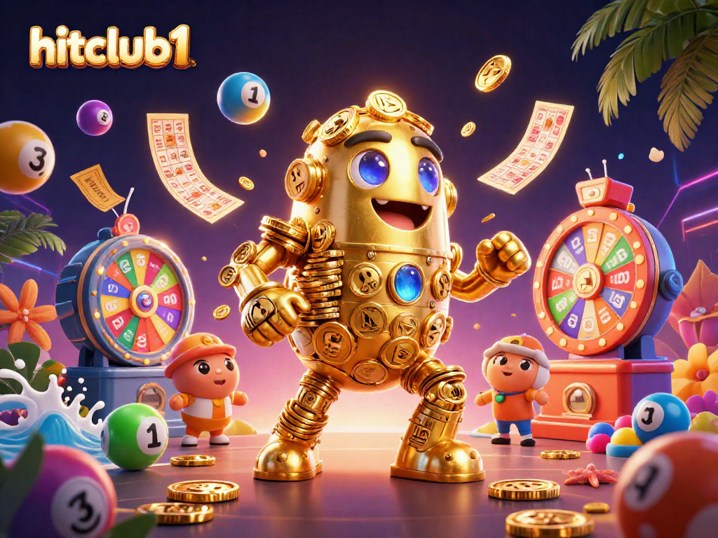 Experience exhilarating wins at hitclub1 with vibrant lottery balls and a golden golem amidst exciting casino elements.