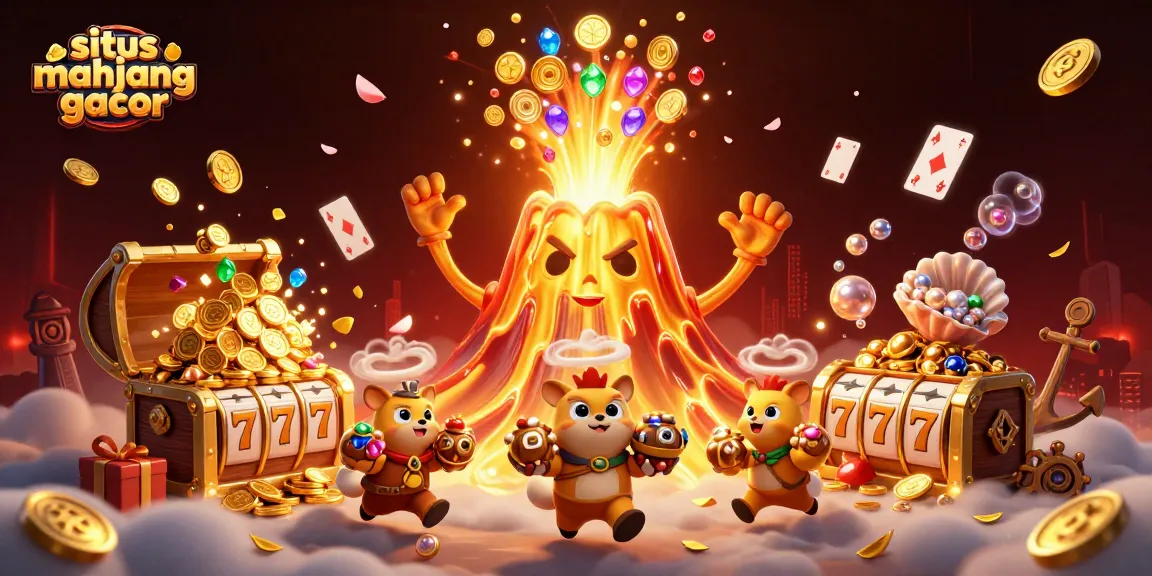 Play slots at situs mahjong gacor with golden volcano erupting coins, lucky 7s, and treasure in vibrant scene.
