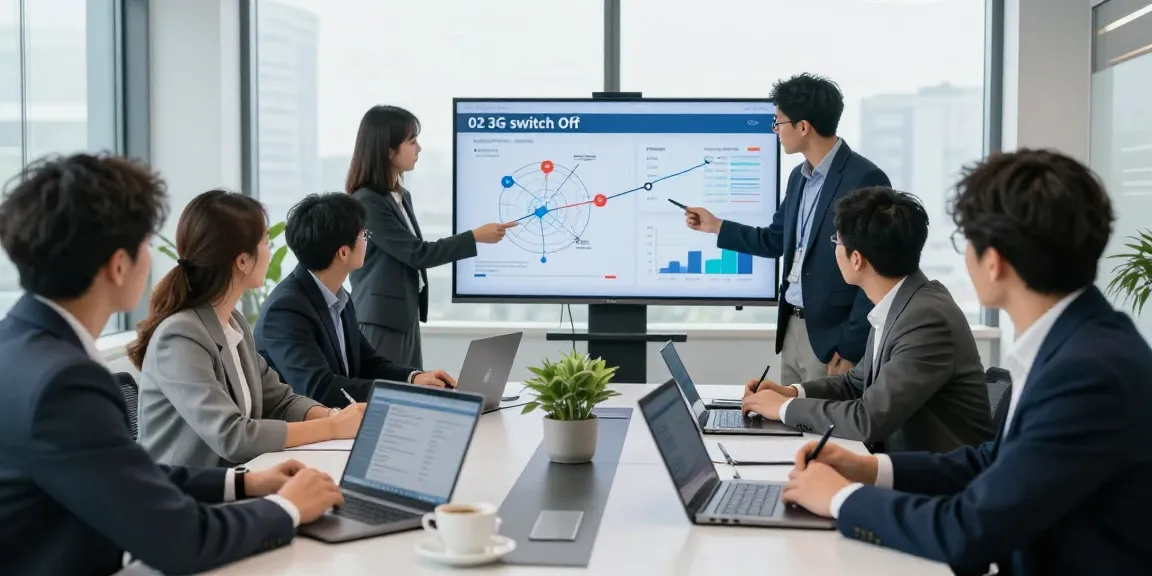 Business professionals discussing the 02 3G switch off in a modern office setting, showcasing data visualizations and technology.