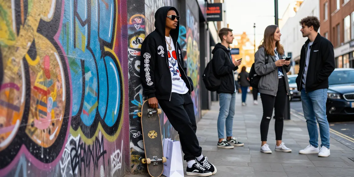 Stylish model showcasing Chrome Hearts urban streetwear in London.