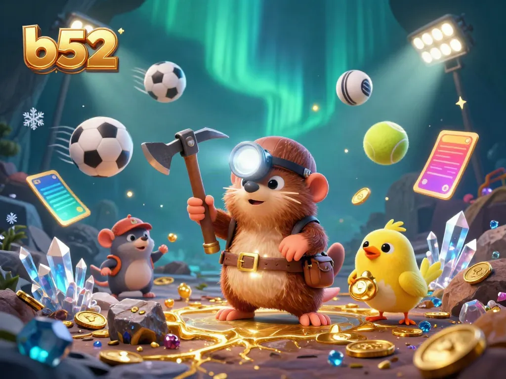 Witness the excitement of gambling with b52 as a mole and his canary dive into treasure amidst flying sports elements.